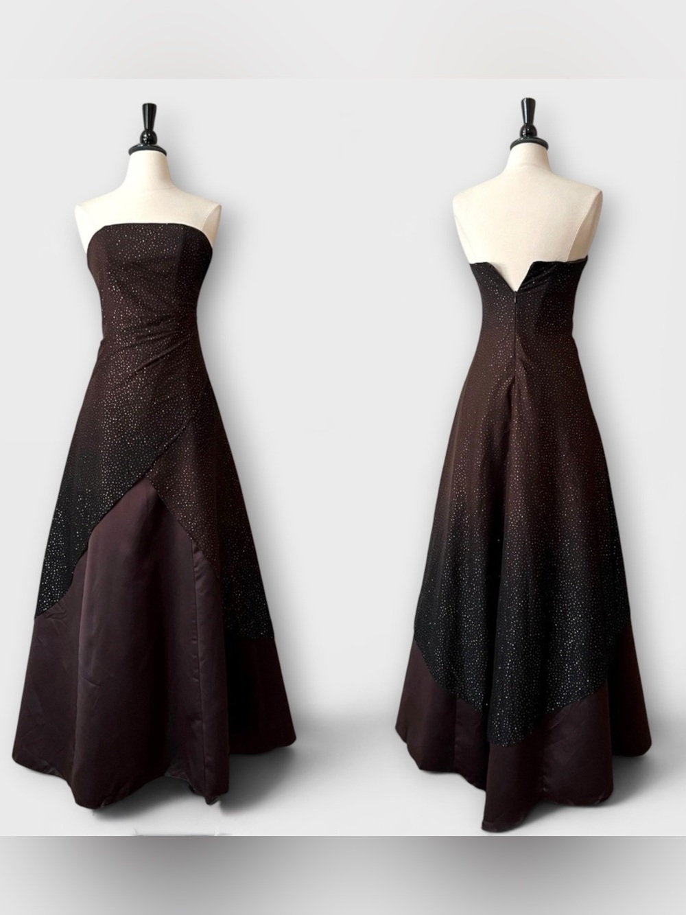 VTG Jump Apparel Strapless Evening Gown XS Brown Glitter Overlay Prom Dress Y2K